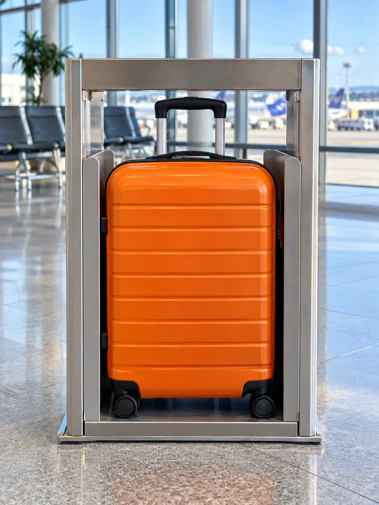 An orange carry-on suitcase standing inside an airport bag sizer